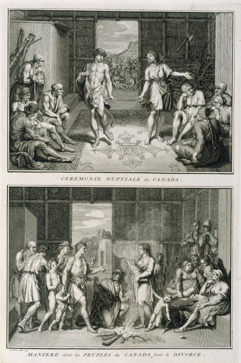Bröllopsceremonin och skilsmässan i Kanada, illustration från religiösa ceremonier och seder, graverad av Bernard Picart (1673-1733) 1723 av French School