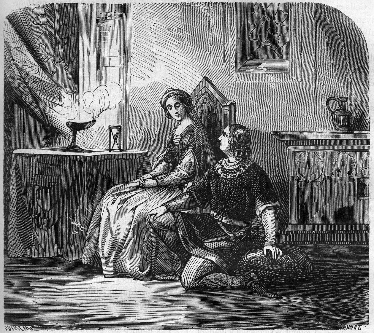 Den vita drottningen av Kastilien (1188-1252) och poeten och kungen av Navarra Thibault IV av Champagne (1201-1253) (även känd som Thibault I av Navarra). Gravyr i ”Prostitutionens och utsvävningens historia bland alla världens folk från antiken till av French School