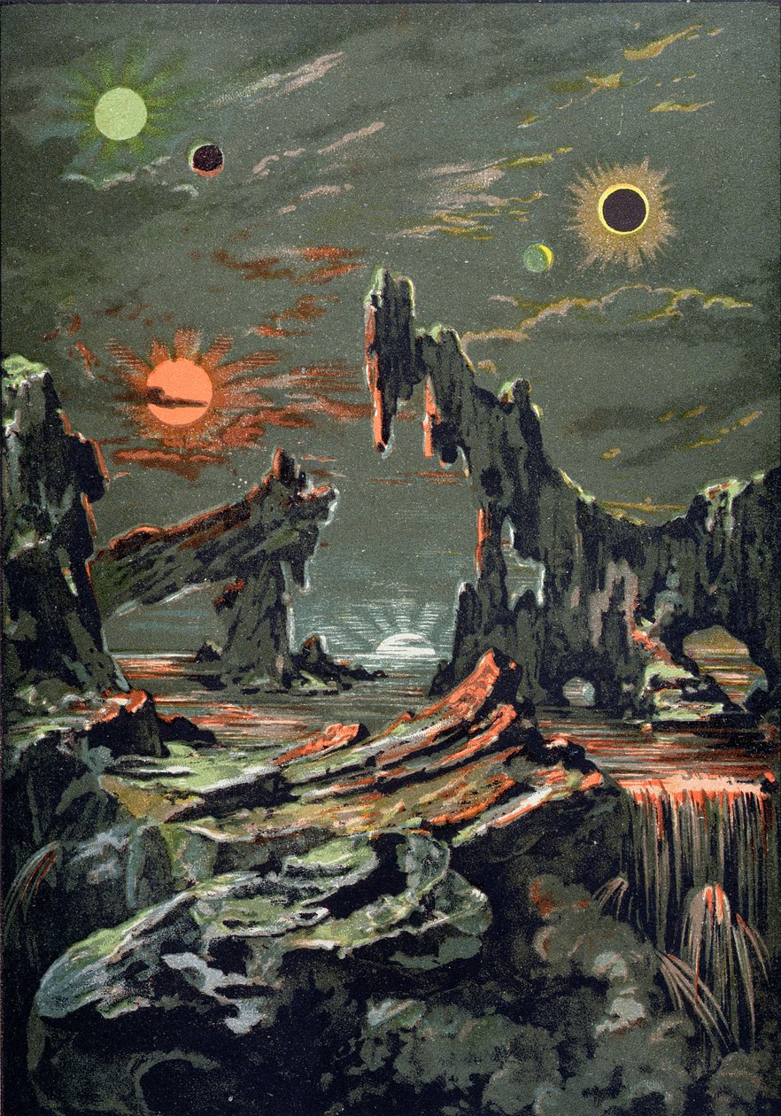 The World of Four Moons and Four Suns, illustration från LAstronomie Populaire skriven av Camille Flammarion (1842-1925) 1881 av French School