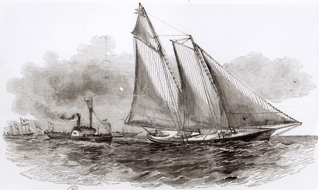 Yacht America tar ledningen i 1851 års Cowes Regatta, från Le Monde Illustre, 1851 av French School