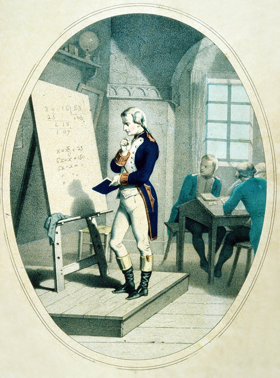Den unge Napoleon, vid Militärakademin i Brienne, Frankrike, 1779 (färgad gravyr) av French School