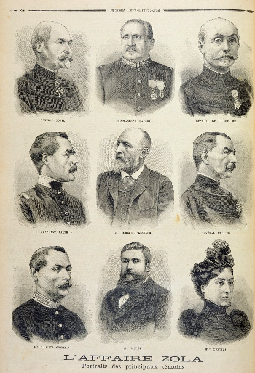 Zolaaffären: porträtt av huvudvittnen, illustration från det illustrerade bilagan till Le Petit Journal, 27 februari 1898 (litho) av French School