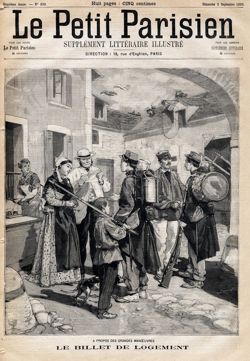 Inkvarteringsbiljetten, som ger rätt till en säng och ett ljus, delar ut till soldaterna efter deras övningar och stora manövrar. En av tidningarna "Le petit Parisien"" den 3/09/1893 (gravyr) av French School