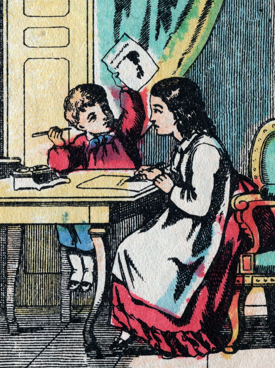 Aktiviteterna för flickor från bra familjer: att hjälpa en lillebror i hans läxor - Epinal bild - 1800-talet (gravyr) av French School