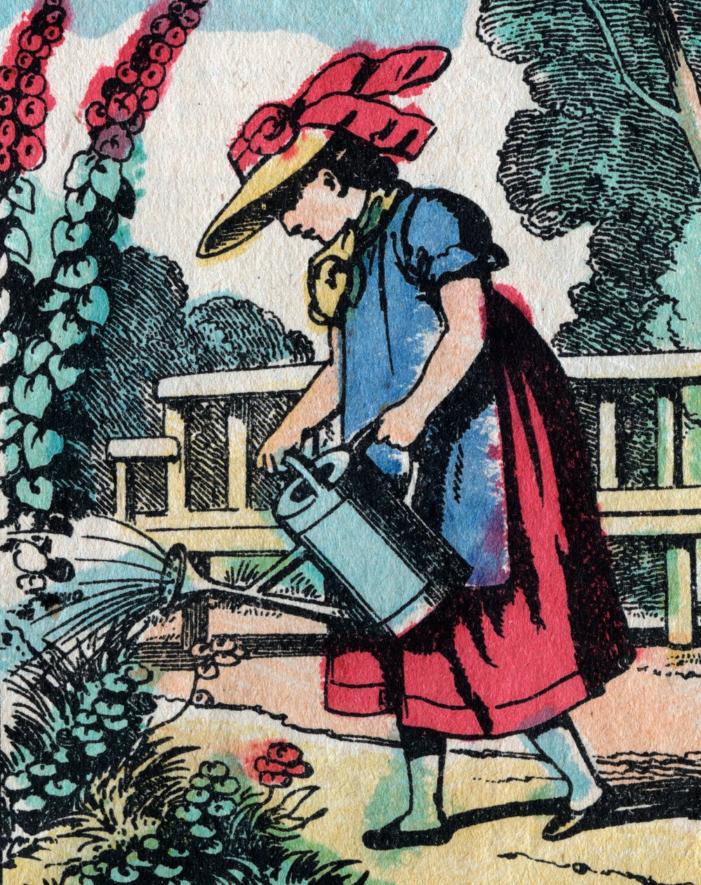 Aktiviteterna för flickor från bra familjer: lära sig trädgårdsarbete - Epinal bild - 1800-talet (gravyr) av French School