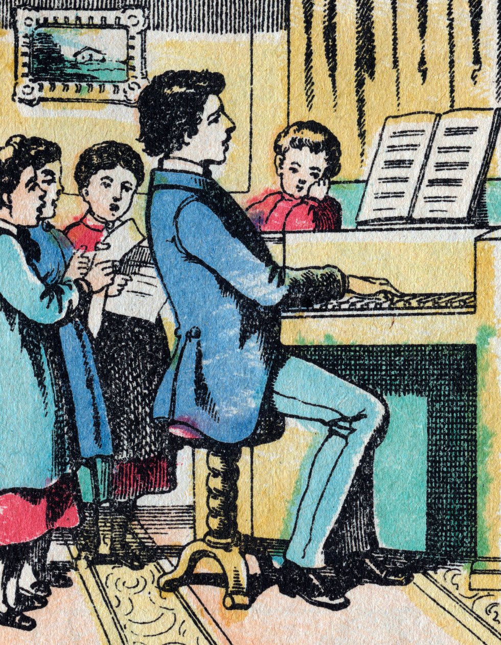Aktiviteterna för flickor från bra familjer: lära sig musik - Epinal bild - 1800-talet (gravyr) av French School