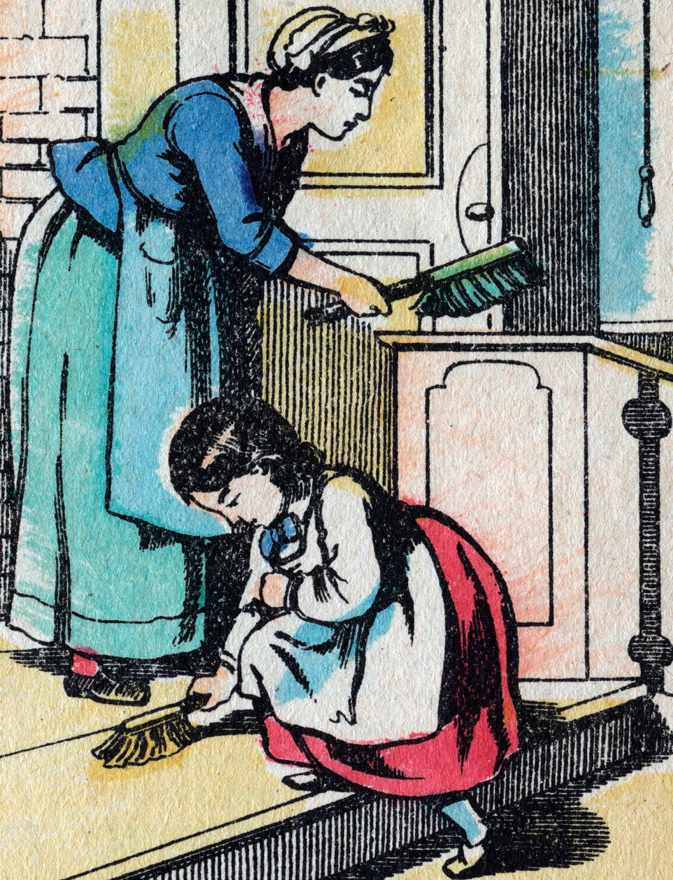 Aktiviteterna för flickor från bra familjer: hushållsarbetet - Epinal bild - 1800-talet (gravyr) av French School
