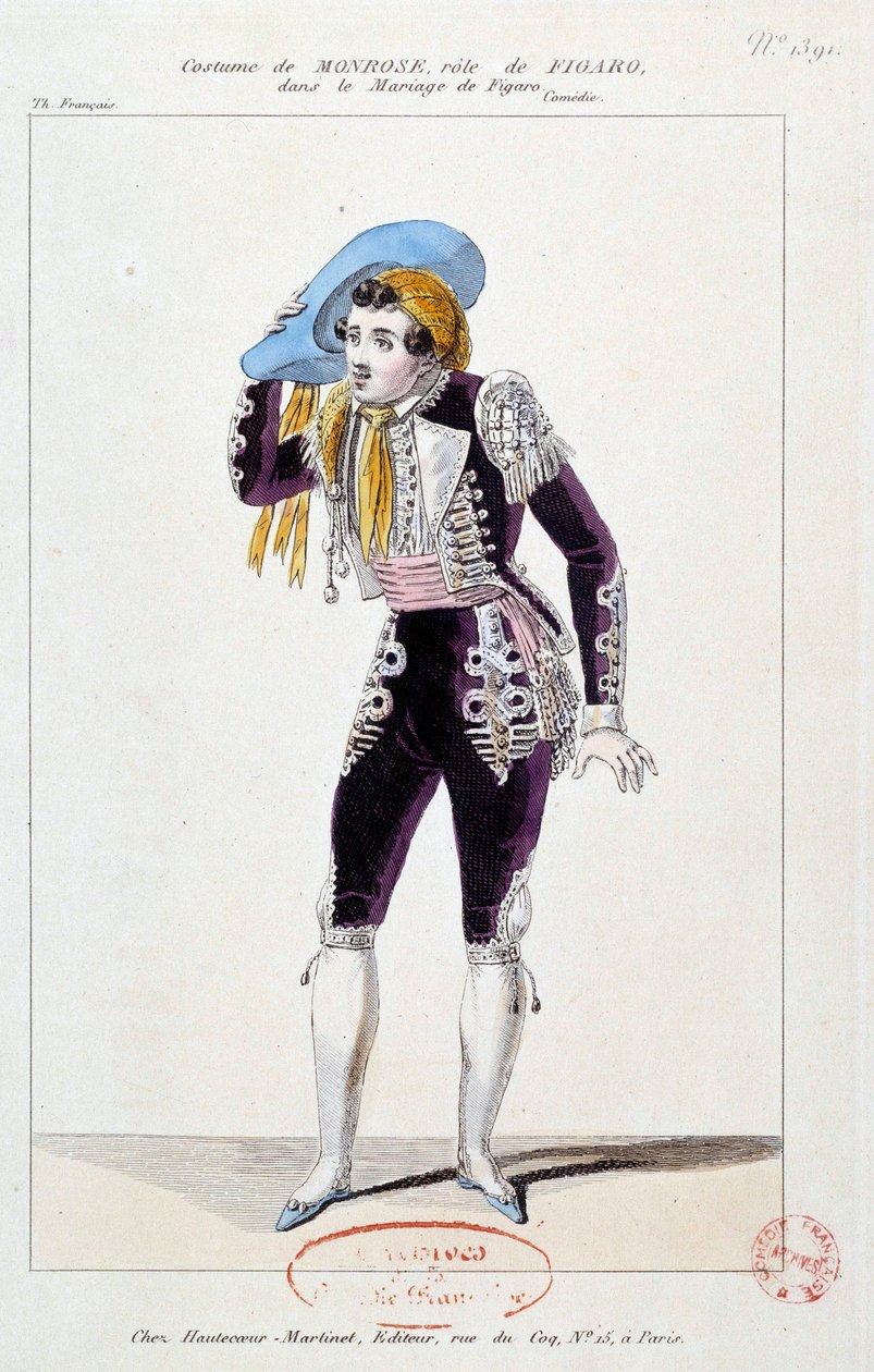 Skådespelaren Claude Louis Seraphin Barizain (eller Barisain) dit Monrose (1783-1843) i rollen som Figaro i Le mariage de Figaro”” av Pierre Augustin Caron de Beaumarchais (1732-1799) 1784 Paris, Comedie francaise av French School