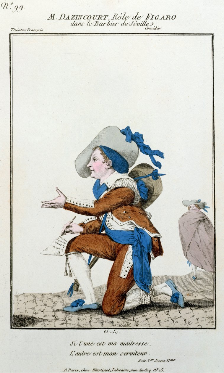 Skådespelaren Dazincourt på Theatre Francais i rollen som Figaro i Barberaren i Sevilla av Pierre Augustin Caron de Beaumarchais (1732-1799) av French School
