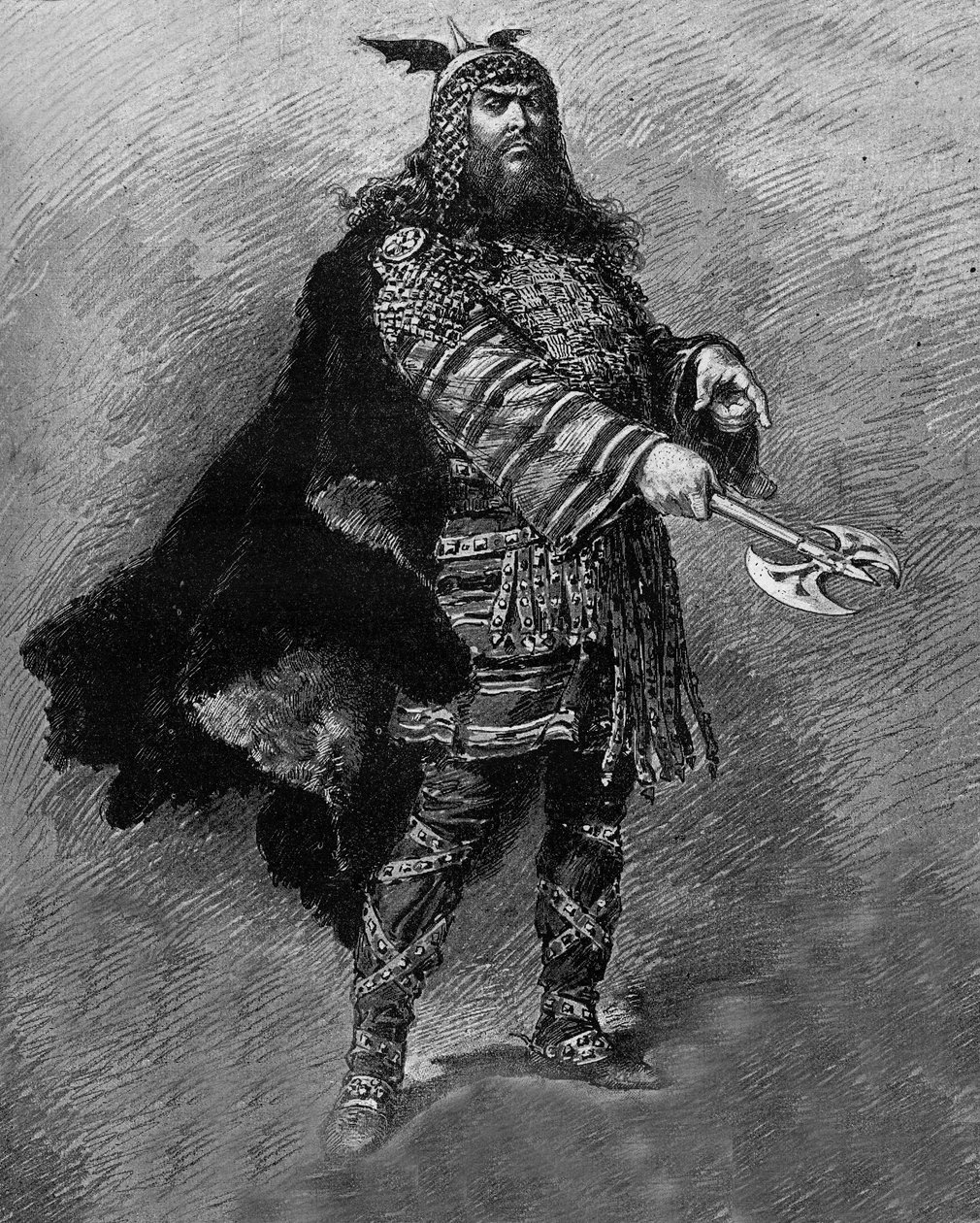 Skådespelaren Dumaine i rollen som "" Attila", ett drama i fyra akter och vers, av Etienne Charles Henri, Viscount de Bornier (1825-1901), representerad på theatre de l