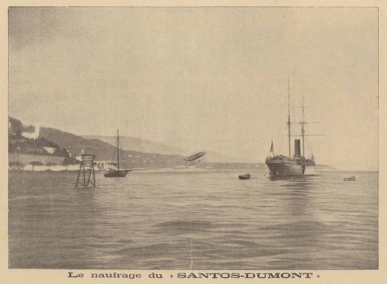 Alberto Santos-Dumonts luftskepp störtar ner i Medelhavet (litografi) av French School