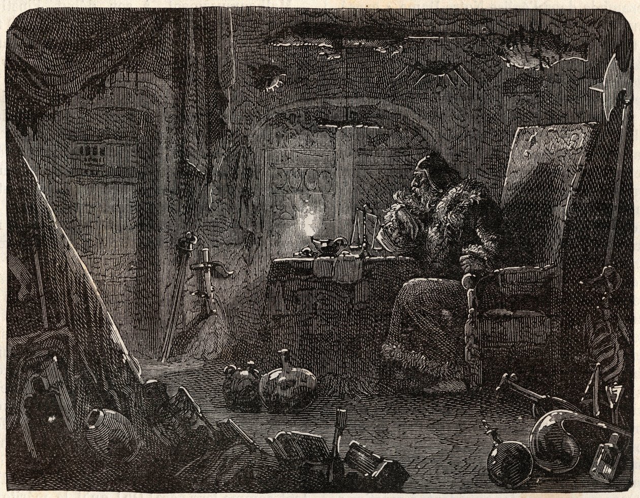 Alkemisten, som har lovat att göra guld, arbetar i sitt laboratorium: Alkemisten på 1600-talet - i "Paris a travers les cules"" av Nicolas Jules Henri Gourdon de Kennouillac (1826-1898) av French School