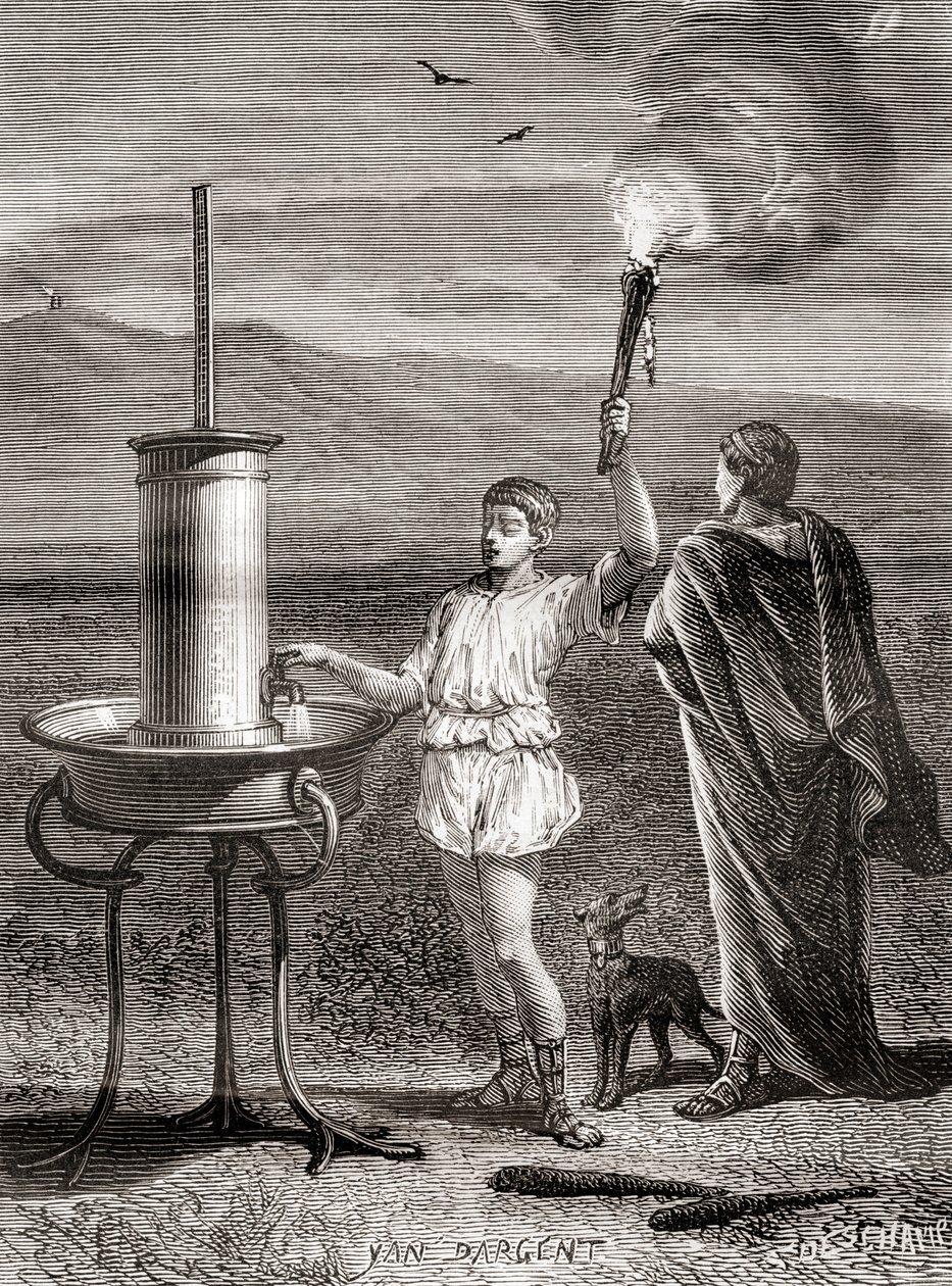 Det antika grekiska hydrauliska semaforsystemet som används av Aeneas för att skicka ett meddelande, 300-talet f.Kr., från Les Merveilles de la Science, publicerat ca 1870 (gravyr) av French School