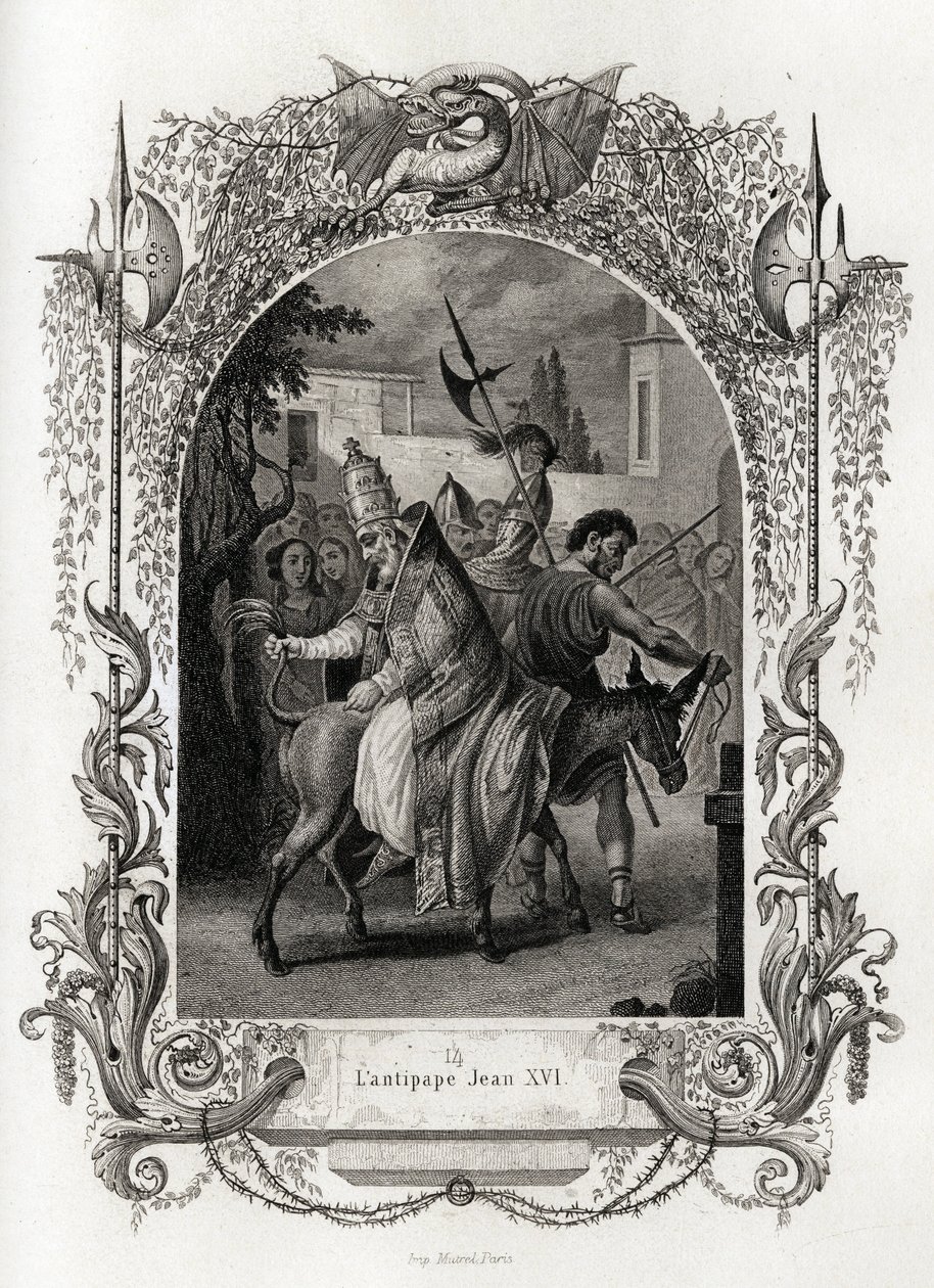 Motpåven Johannes XVI (997 till 998). Gravyr för att illustrera Histoire des popes av Maurice Lachatre (1814-1900), Librairie du Progres, Paris. av French School