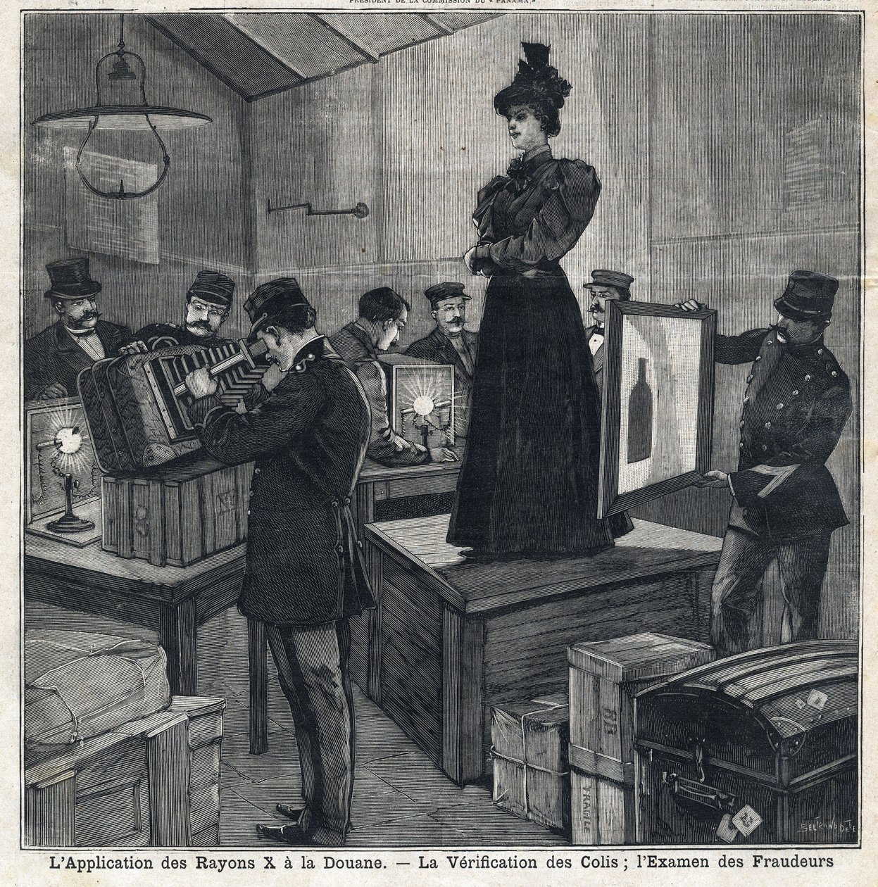 Tillämpningen av röntgenstrålar (röntgen) har tull: verifiering av paket och undersökning av bedragare. I "" Le Peute Parisien"" den 11/07/1897. Privat samling av French School