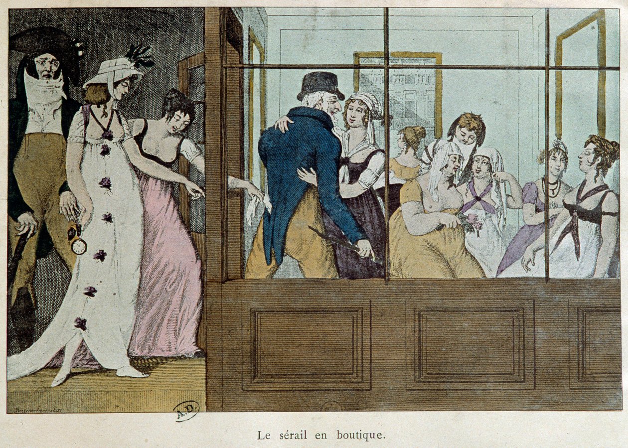 Utnämningsbutik: serail i butiken Ett bordellhus vid Palais Royal i Paris. Litografi från början av 1700-talet Paris, dekorativ konst av French School