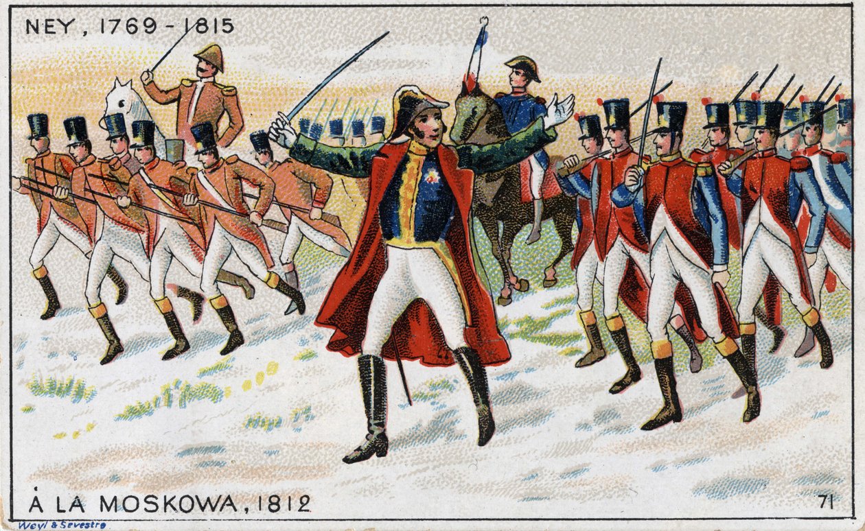 Arméerna av Napoleon och general Michel Ney (1769-1815) (Marechal Ney) redo att vinna slaget vid Moskova (även slaget vid Borodino) i Ryssland av French School