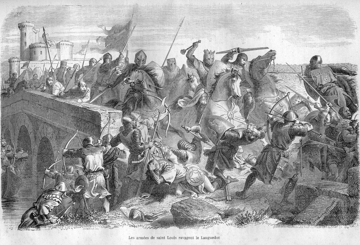 Saint Louis arméer raventar Languedoc på 1200-talet - - Gravering i "Påvarnas historia" (...) Drottningens kung och kejsares brott genom århundradena" av Maurice Lachatre av French School