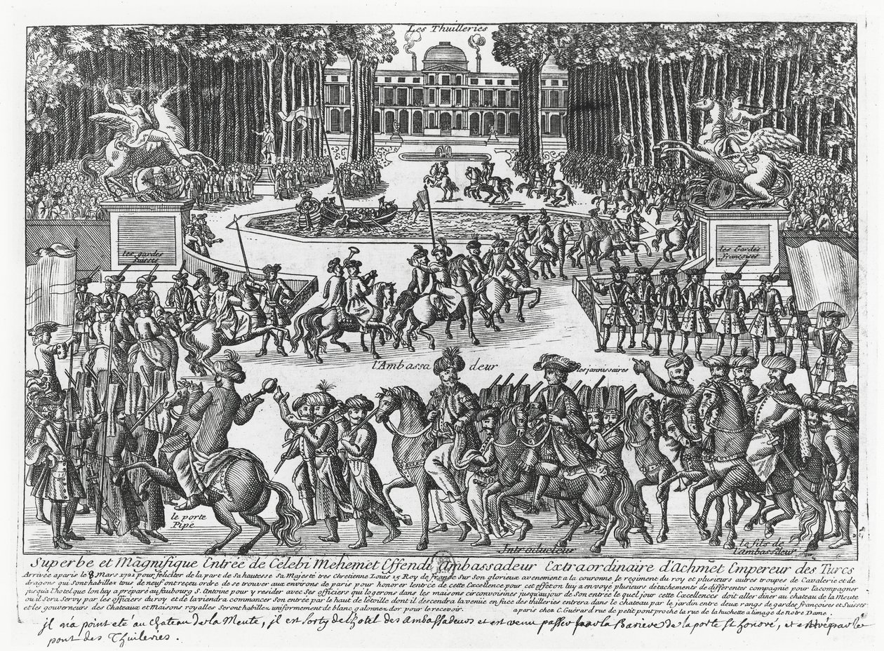 Ankomsten av Mehmed Celebi Efendi, ambassadör för Sultan Ahmed III av Turkiet, till Tuilerierna för att tas emot av Ludvig XV 1721 (gravyr) av French School