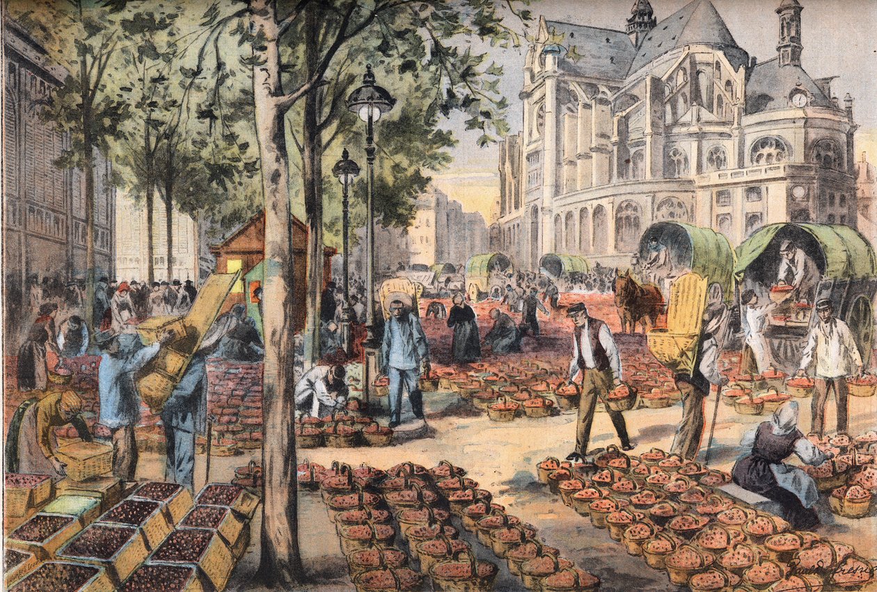 Ankomsten av jordgubbar på kaklet i salarna bakom kyrkan Saint Eustache, från tidningen "Le Petit Parisien"" av French School
