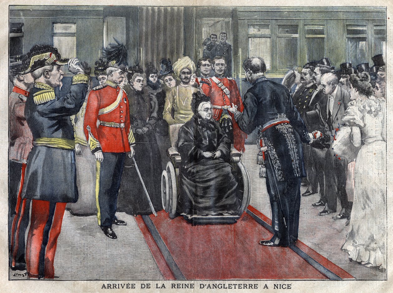 Ankomsten av drottningen av England, Victoria (1837-1901) till Nice 1899. Gravyr från 1899 i "" La petite Gironde"" av French School