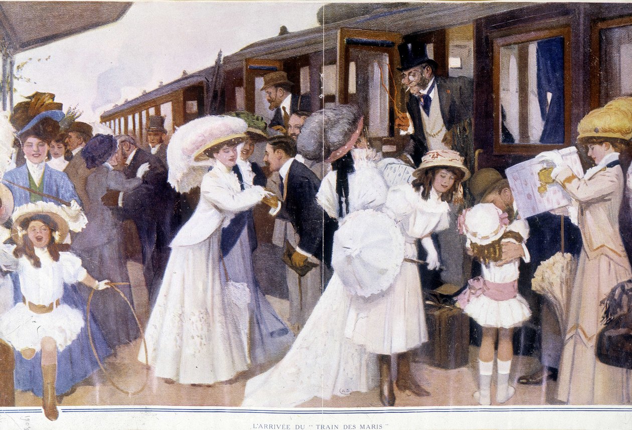 Ankomsten av "" Makarnas tåg", deb. 1900-talet. av French School