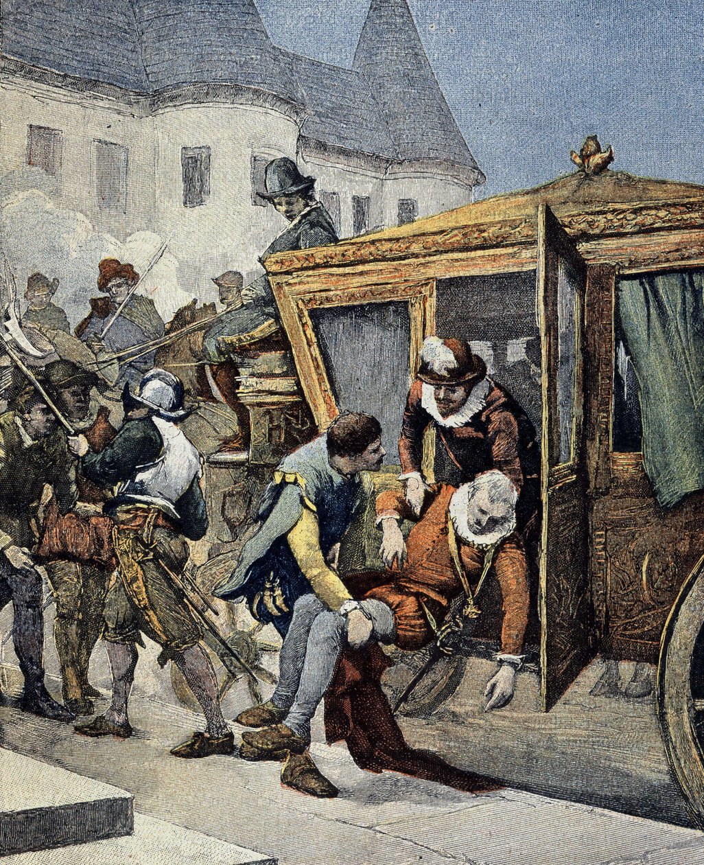 Mordet på Henri IV den 14 maj 1610. Omslag "Le Petit Francais Illustré" från 12/05/1900. av French School