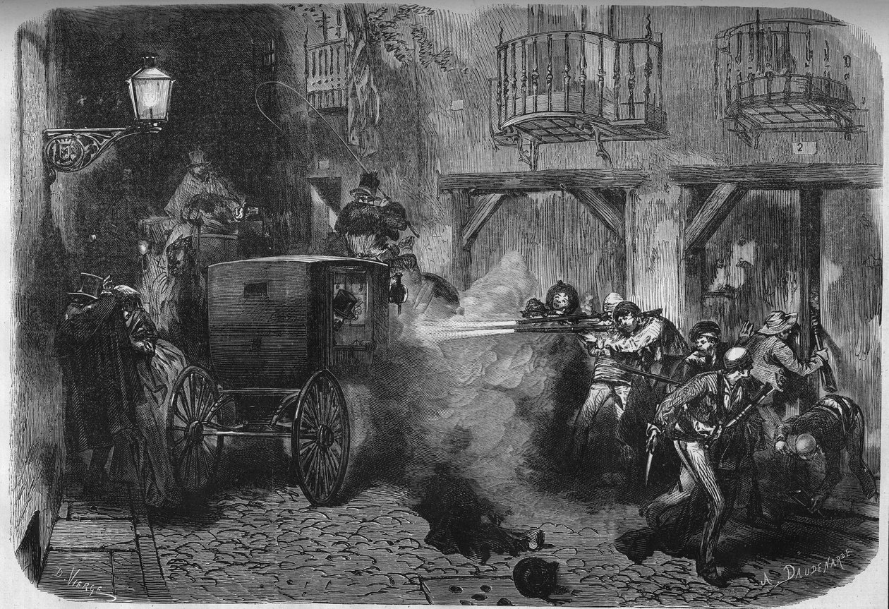 Mordet på Juan Prim y Prats (1814-1870), spansk general och politiker, vid hans utfart från Cortes, på gatan del Turco i Madrid den 28 december 1870. Gravyr i "" Le Monde Illustré"" n°724 av 25 februari 1871. av French School