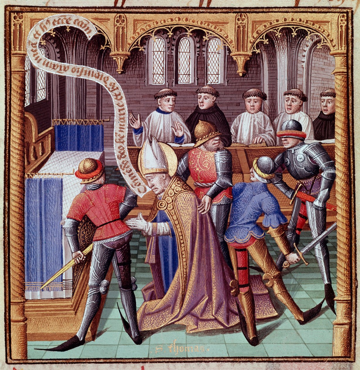 Mordet på Thomas Becket 1170 (Mordet på Thomas av Canterbury) Miniatyr hämtad från "Le miroir historial" (Speculum Historiale) av Vincent de Beauvais (1190-1264) översatt till franska av Jean de Vignay av French School