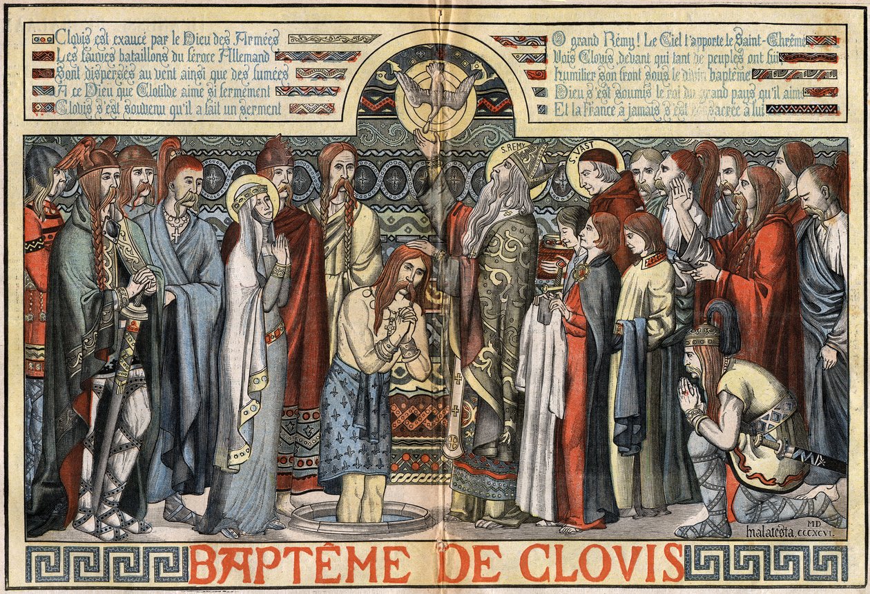 Dopet av Clovis 1:a (466-511) i Reims, 25 december 496. illustration av MALATESTA (MALTESTE Henri Theodore) i "" Le Pelerin"" den 23 augusti av French School