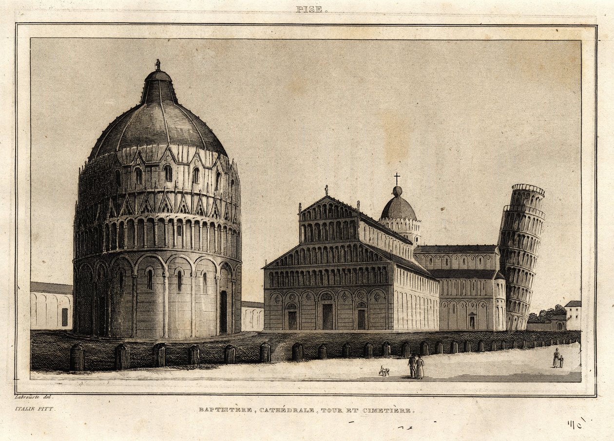Baptisteren, katedralen, tornet och kyrkogården i Pisa av French School