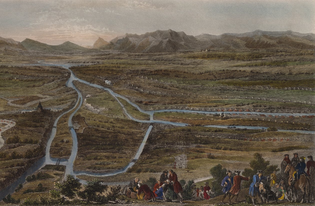 Slaget vid Cassano den 16 augusti 1705, graverat av Chavanne (färgstick) av French School