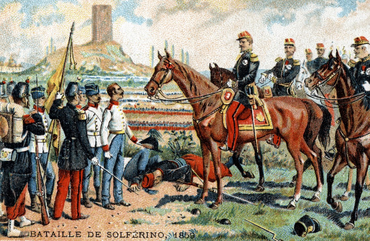 Slaget vid Solferino (Italien) mellan de fransk-sardiska (segrare) och österrikiska (besegrade) arméerna 1859. Kromolitografi av 1800-talet. av French School