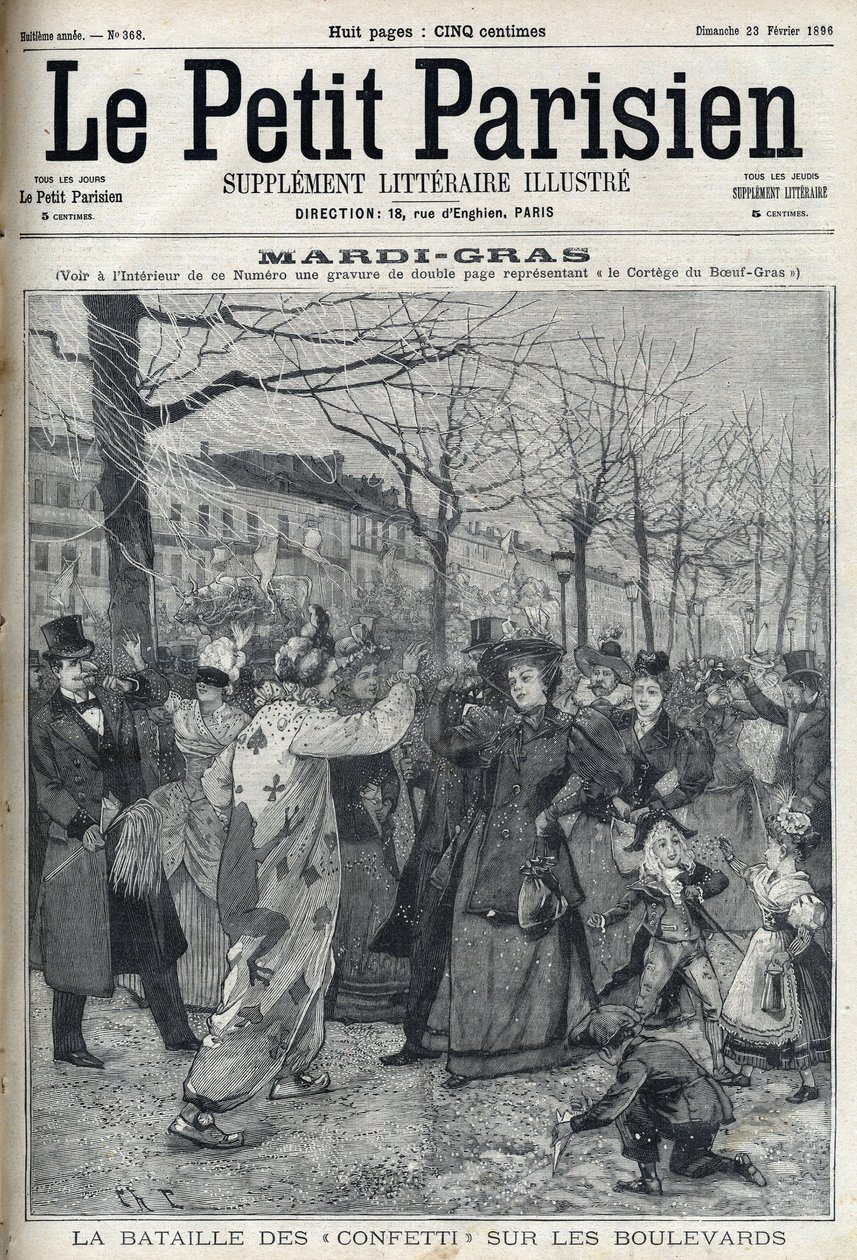 Slaget om konfetti på den parisiska boulevarden under Mardi Gras (Mardi-Gras). Gravyr i "Le petit Parisien"” av French School