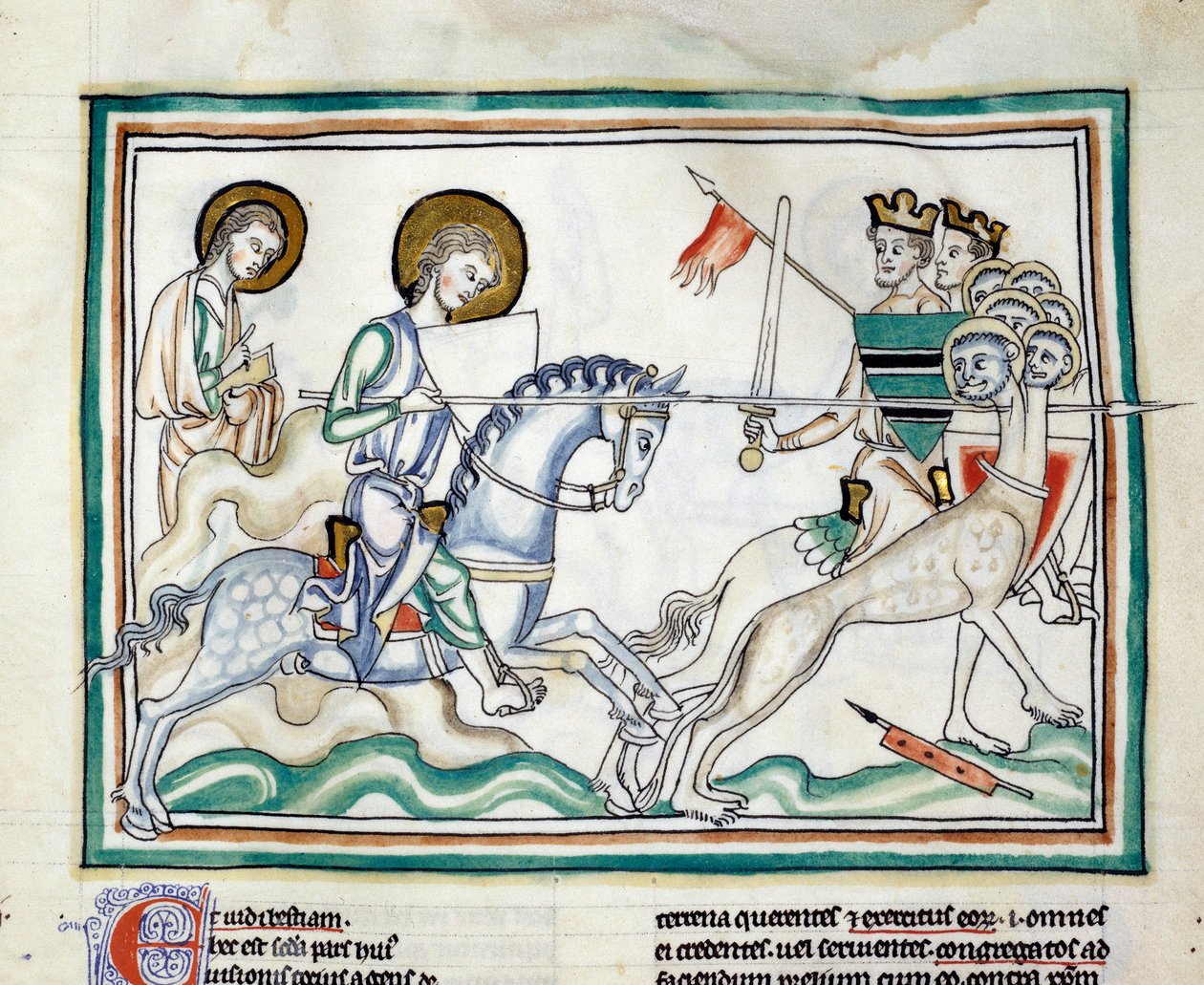 Kampen med draken har sju huvuden: riddare slåss mot en drake med flera huvuden, med spjut, som förkroppsligar de sju kungarna. Miniatyr hämtad från "The Apocalypse of Cambrai"" upplyst av den franska skolan på 1200-talet. Fröken 422. Kommunbibliotek av French School