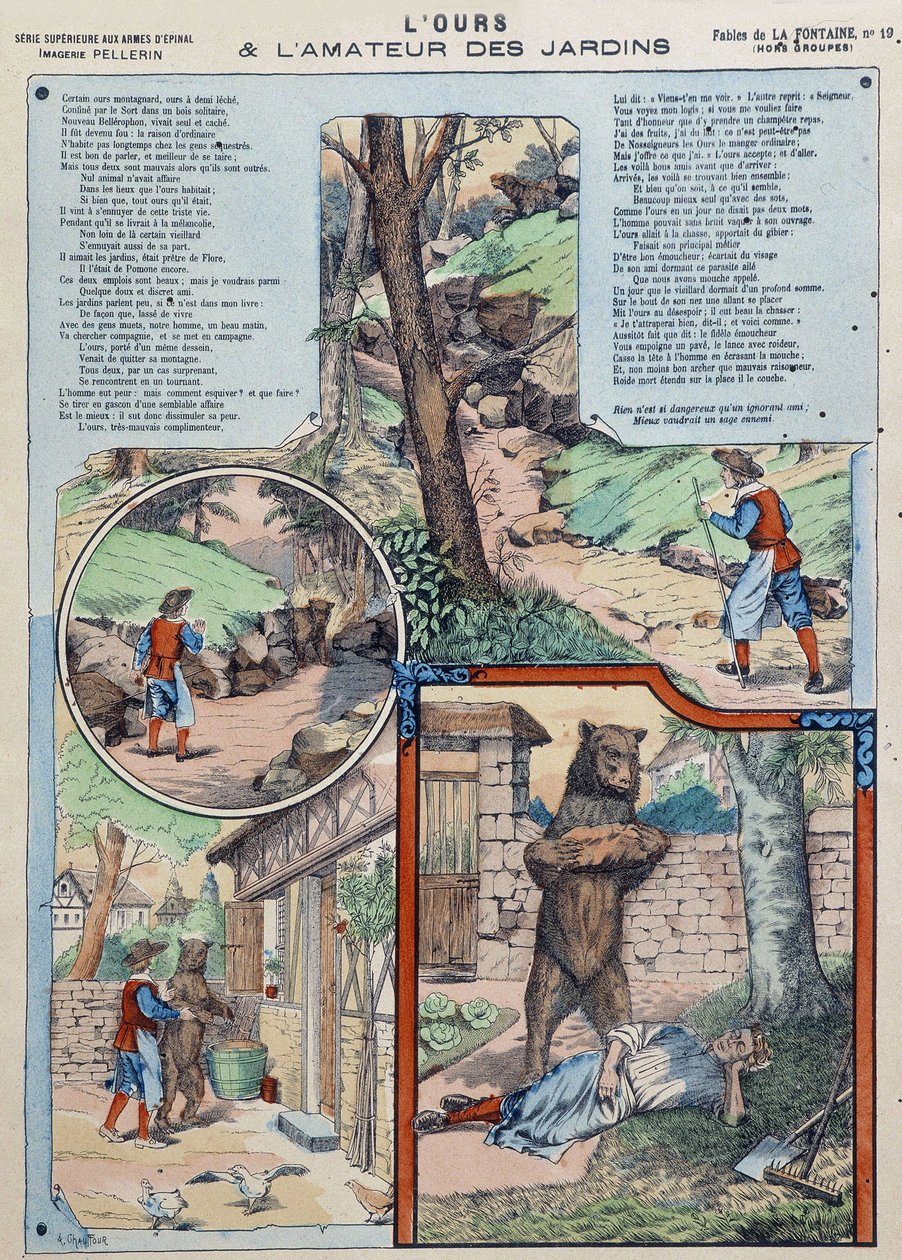 Björnen och trädgårdsälskaren - Fables de La Fontaine i bilder av Epinal av French School
