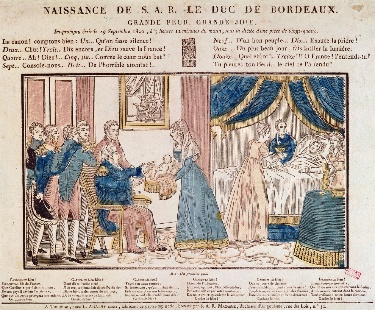 Henri Charles Ferdinand Marie Dieudonne de Frances födelse, Duc de Bordeaux, Comte de Chambord den 29 september 1820 (färgad trästick) av French School