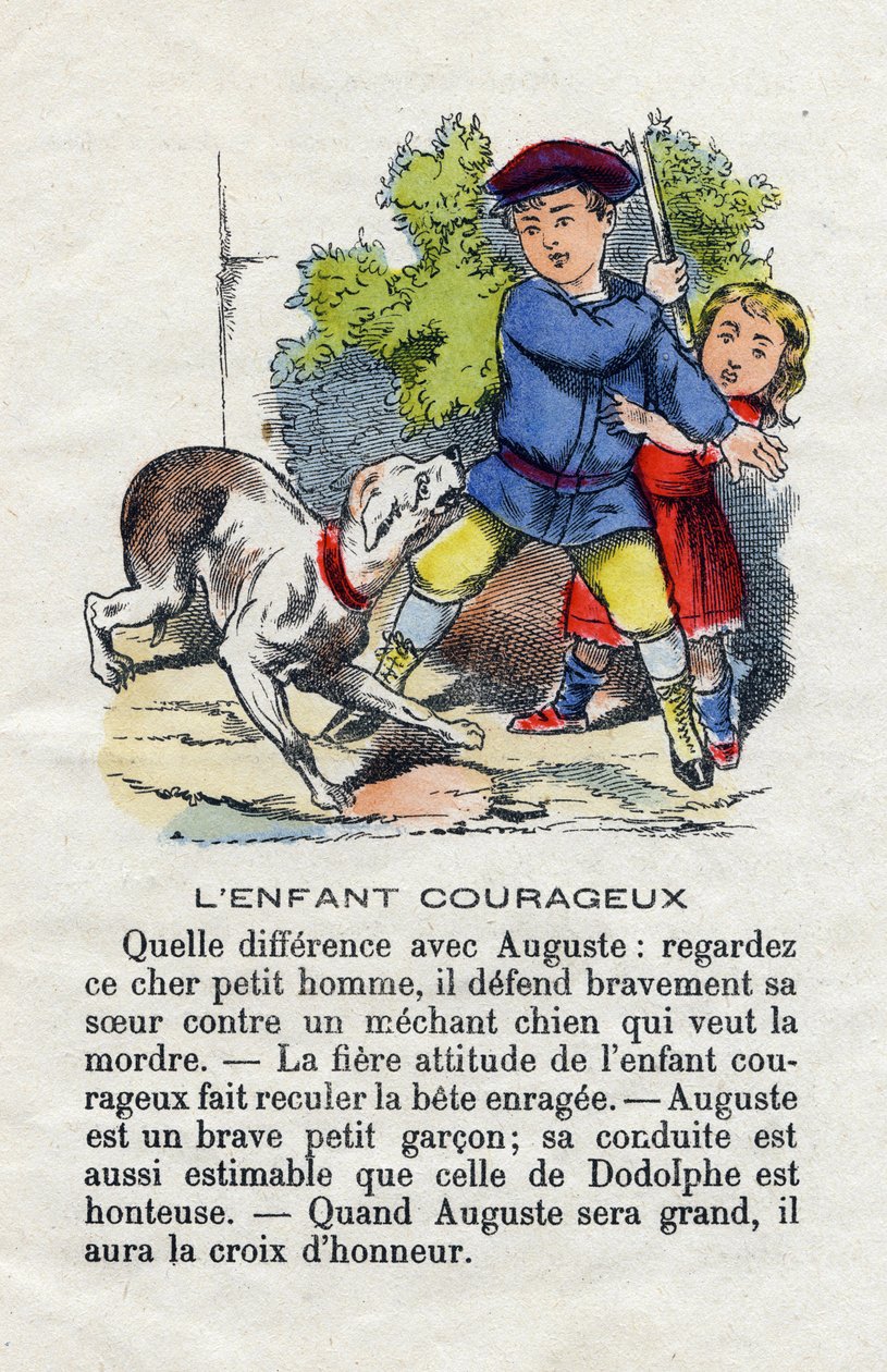 Det modiga barnet. Ett barn försvarar sin syster mot en hund. Små pojkar alfabetet. Abecedary har moraliskt värde som innehåller läsövningar. Epinal avbildning sent 1800-tal av French School