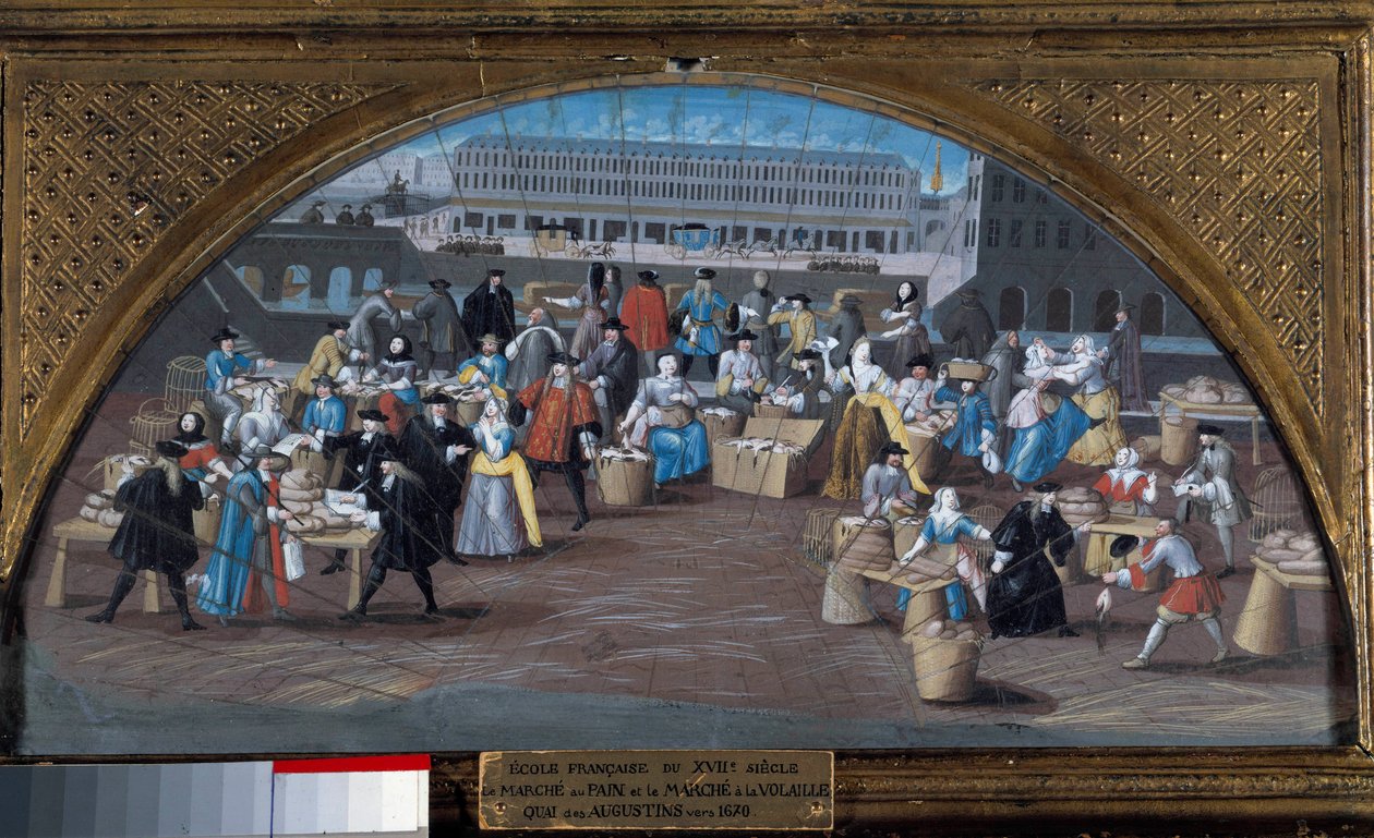 Brödmarschen och fjäderfämarschen på Quai des Augustins omkring 1670. Målning av Franska skolan 1600-talet. Paris, Musée Carnavalet av French School
