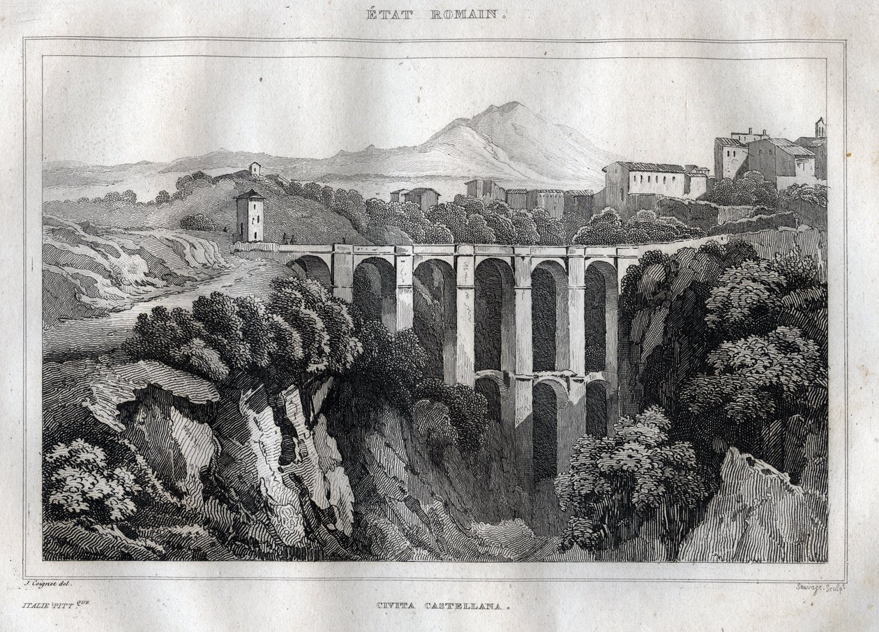 Bron har dubbla arkader - CIVITA CASTELLANA - Provinsen Viterbo - Italien - Gravyr från "" Italy Picturesque" - Historisk och beskrivande målning av Italien"" av M. de Norvins, Ch. Nodier 1834-1836. av French School