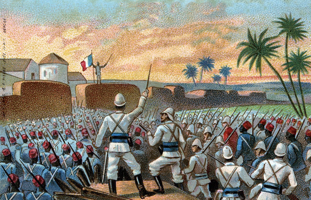 Erövringen av Abomey, tidigare huvudstad i Behanzin (Benin idag) av den franska expeditionsstyrkan på uppdrag av general Alfred Amedee Dodds (17 november av French School