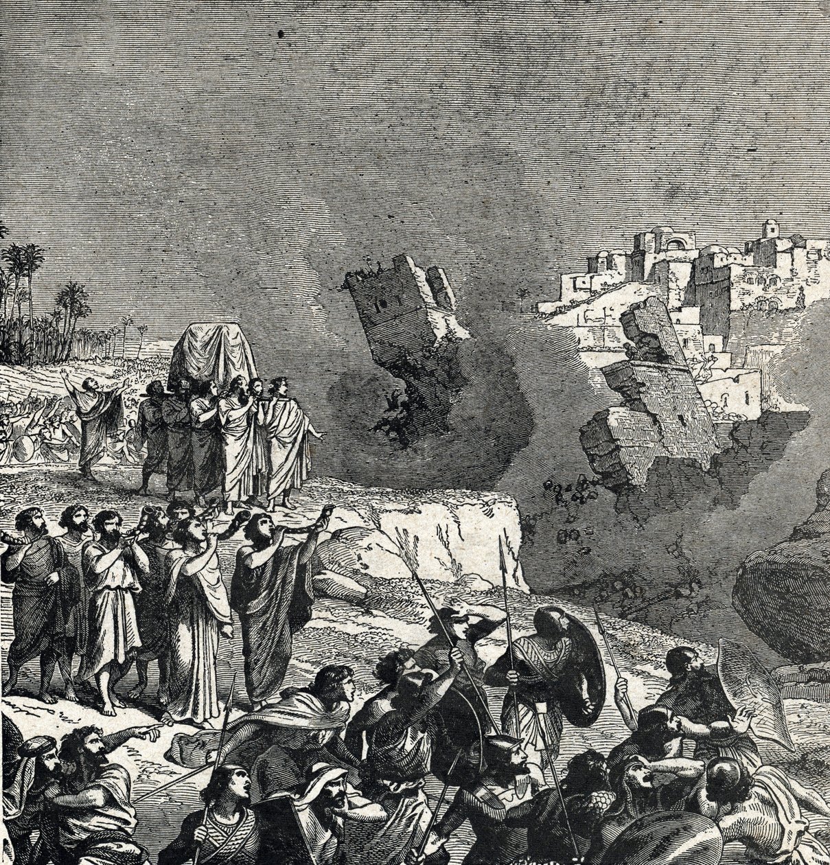 Erövringen av Jeriko, under vilken Israels folk låter sina trumpeter ljuda under stadsmurarna vars tillträde är förbjudet för dem, Ce son fait fait les murs de la ville (Slaget vid Jeriko, israeliternas första slag i deras erövring av av French School