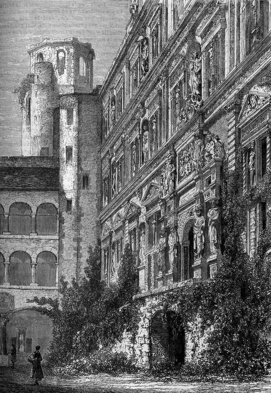Heidelbergs slott i Tyskland, hem till en av de mest kända universalerna i Europa på 1800-talet. Gravyr i den berömda journalen "" La jeunesse"" av French School