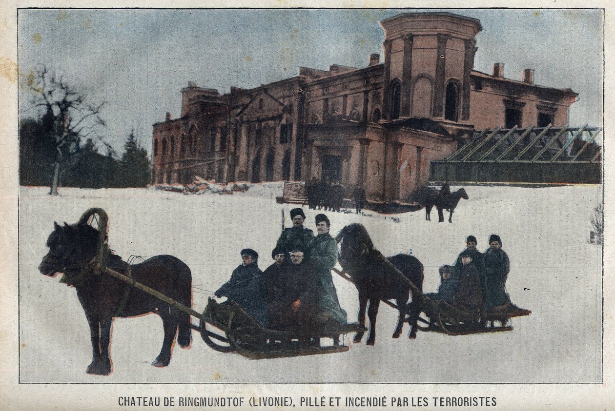 Ringmundtofs slott, Livland, plundrat och bränt av ryska anarkistiska revolutionärer. Ryssland av French School