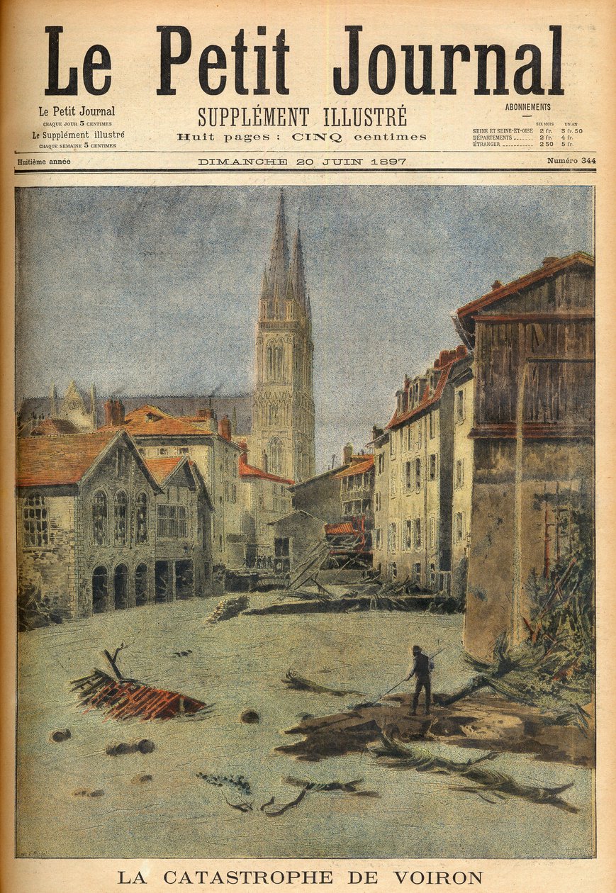 Katastrofen (översvämningen) av byn Voiron (Isère) Frankrike i "Le Petit Journal", 20 juni 1897 (gravyr) av French School