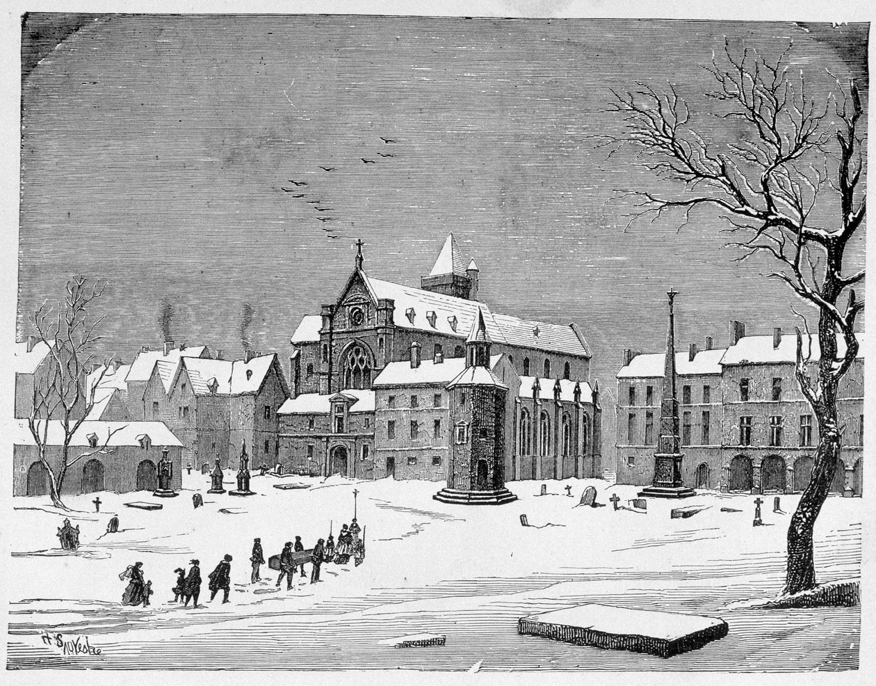 Kyrkan på de oskyldiga kyrkogården 1445 - i "Paris genom århundradena" av H. Gourdon de Kenouillac av French School