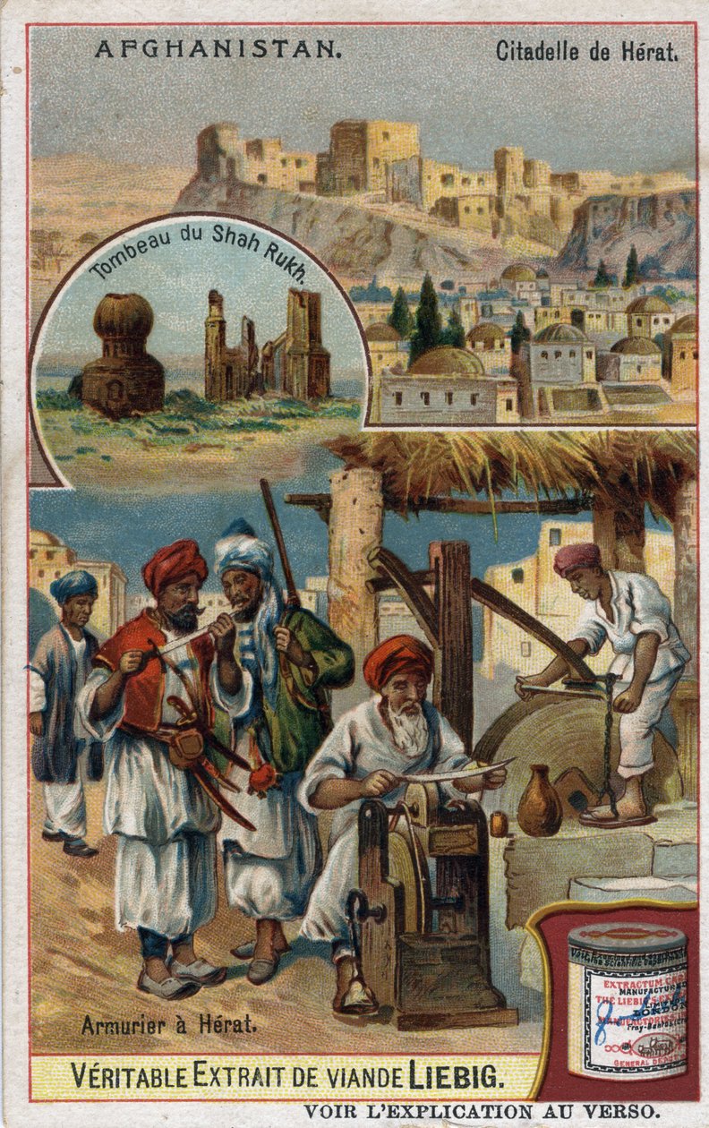 Staden och rustningsmän i staden Herat i Afghanistan och Shah Rukhs grav. Kromolitografi av 1800-talet. av French School