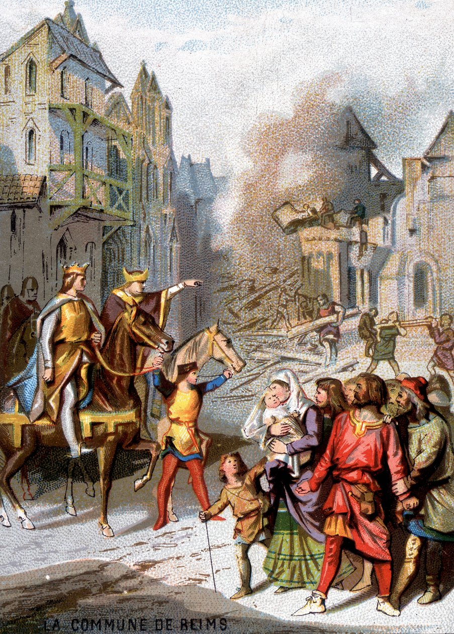 Kommunen Reims (1160) - Repressalier av Ludvig VII för att förstöra de kommunala friheterna för borgarna i Reims. Chromolithography of the Series "" Patriotic Education through Image"". av French School