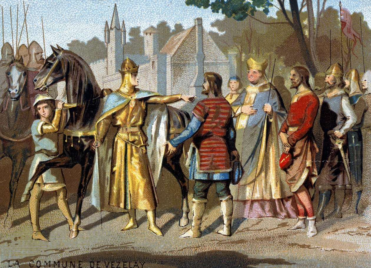 Kommunen Vezelay (1153): Abbe Pons, greven av Nevers och domarna i Vezelay före Louis VII i Moret, nära skogen Fontainebleau, som beslutade om kommunens försvinnande. Kromolitografi av serien "" Patriotic Educatio av French School