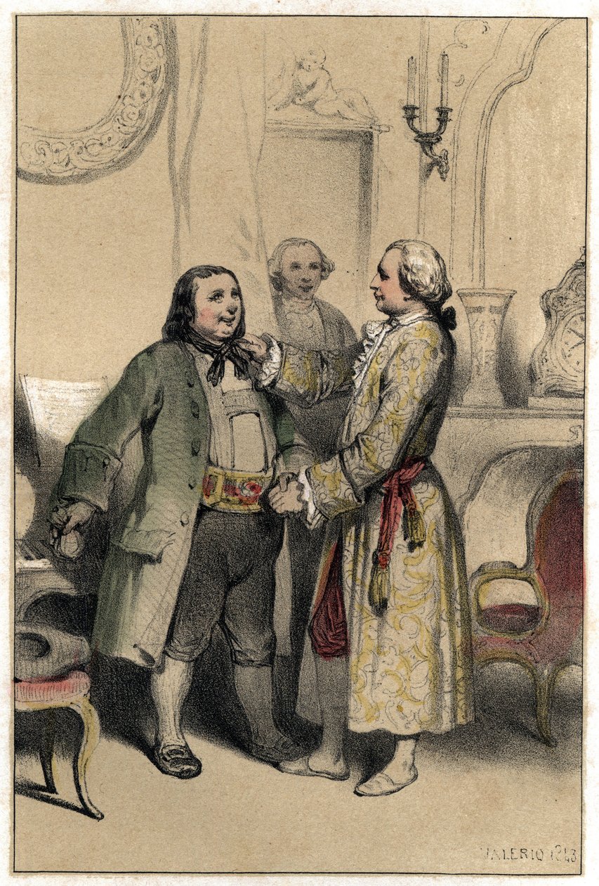 Kompositören Joseph Haydn tog emot en man som kom för att be honom komponera en meny till hans dotters bröllop. Tallrik hämtad från "" Scenes de la vie des hommes famous""" gravyr i två nyanser av Valerio. 1843. av French School